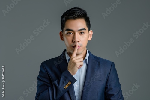 Studio portrait, corporate man with finger on lips, background and private secret. Male employee with silent hands and lips for shush sign, gossip, or whisper in business mystery silent emoji.