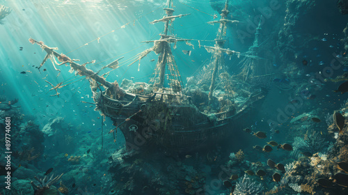 An old pirate ship sunk a long time ago at the bottom of the ocean, surrounding it with abundant marine life.