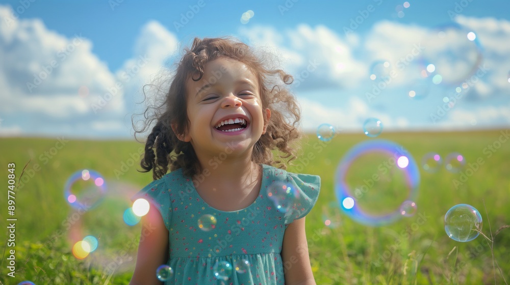 A joyful child with curly hair laughing and playing with bubbles in a sunny field, capturing happy childhood moments. Ideal for family and lifestyle themes. A joyful child with curly hair laughing and playing with bubbles in a sunny field, capturing happy childhood moments. Ideal for family and lifestyle themes.