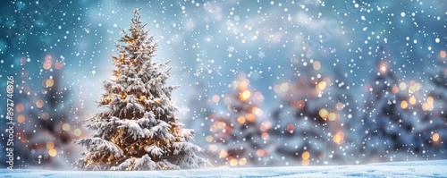 Christmas tree in snowy landscape with festive lights, winter holiday concept
