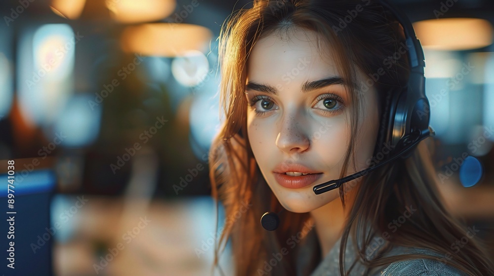 An attractive young woman working in a call center, copy space An attractive young woman working in a call center, copy space