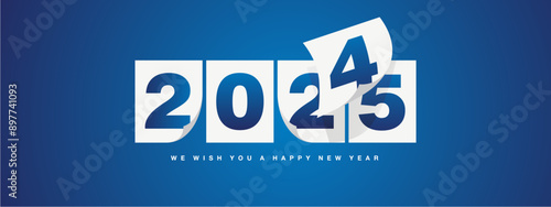 Happy New Year 2025 greeting card design template on blue background. New Year 2025 start concept. Calendar pages turn in the wind and the new year begins.ai