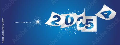 Happy new year 2025 and the end of 2024. Winter holiday greeting card design template on blue background. New year 2025 and the end of 2024 on white calendar sheets and sparkle firework.ai