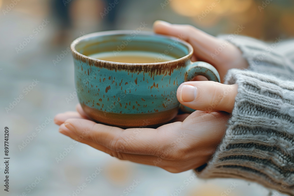 Cozy winter scene with a warm drink, hand holding a tea cup, blurred lights in the background, sweater sleeve, festive atmosphere, relaxation, and comfort Cozy winter scene with a warm drink, hand holding a tea cup, blurred lights in the background, sweater sleeve, festive atmosphere, relaxation, and comfort