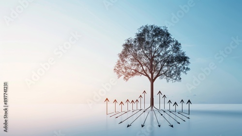 A majestic tree with intricate branches, each branch extending upwards with arrows, illustrating diverse growth strategies photo