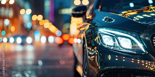 Vehicle, automobile, and headlight for dealership salon, car sales, and nighttime city street service maintenance. Modern shiny car for sale, competition, or mechanic close-up, lights, and bokeh.