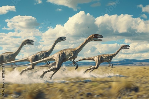 group of Gallimimus sprinting across a vast plain photo