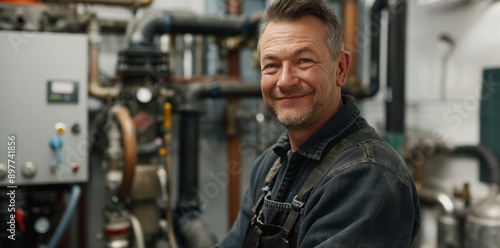 A smiling technician standing in an industrial workshop, representing expertise and satisfaction in his field. Perfect for industrial and professional themes.