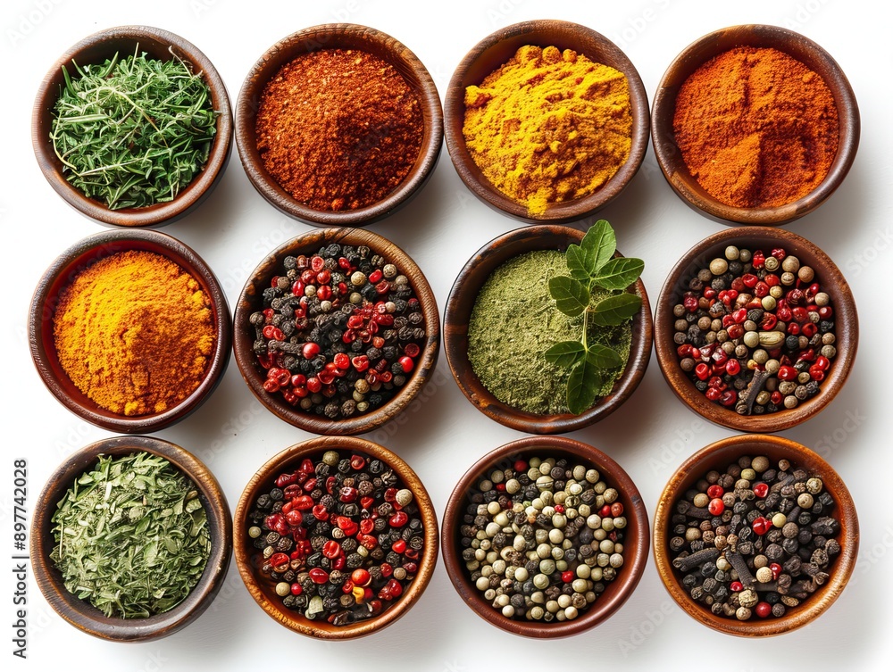 Assortment of Spices and Herbs in Wooden Bowls on White Background Assortment of Spices and Herbs in Wooden Bowls on White Background
