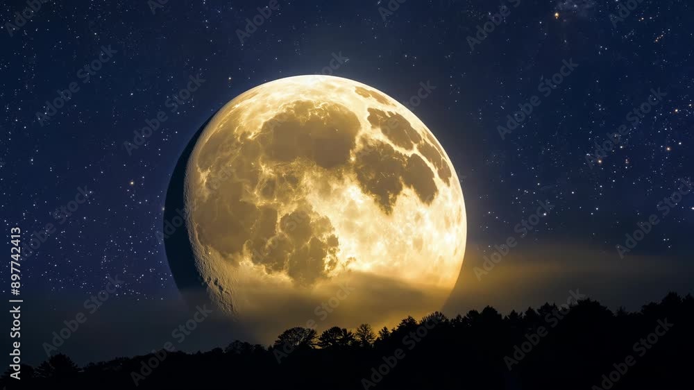 The full moon shines brightly in the night sky, casting its light over a line of trees. timelapse The full moon shines brightly in the night sky, casting its light over a line of trees. timelapse