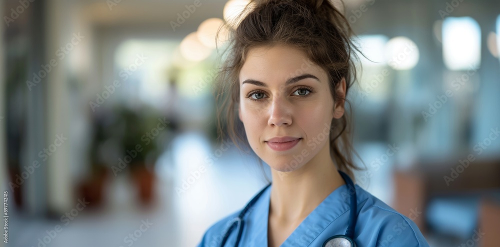 Fototapeta premium A focused female nurse wearing blue scrubs, standing in a medical setting, representing dedication and professionalism. Perfect for healthcare and medical themes.