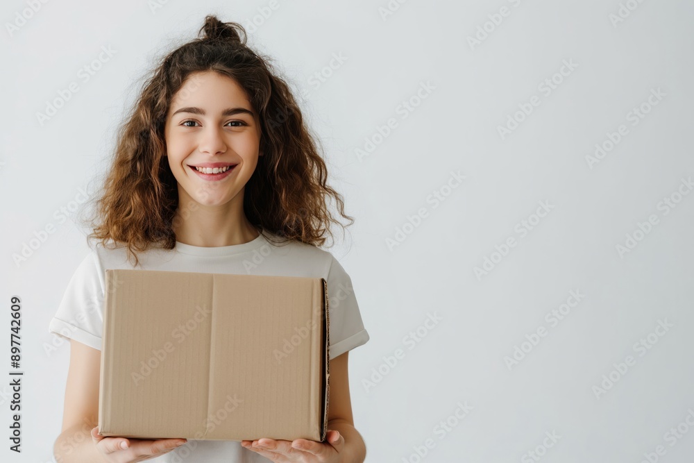 A smiling young woman holding a cardboard box, representing delivery and customer satisfaction. Perfect for logistics and e-commerce themes. A smiling young woman holding a cardboard box, representing delivery and customer satisfaction. Perfect for logistics and e-commerce themes.