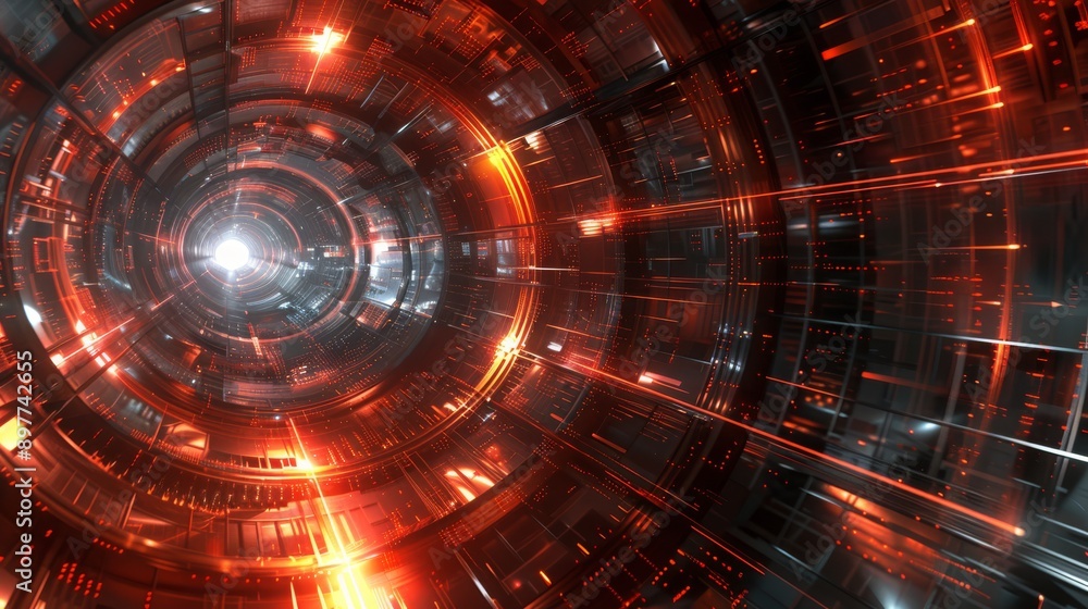 Vivid hightech virtual tunnel featuring futuristic redtoned design with glowing lights and techy vibes Vivid hightech virtual tunnel featuring futuristic redtoned design with glowing lights and techy vibes