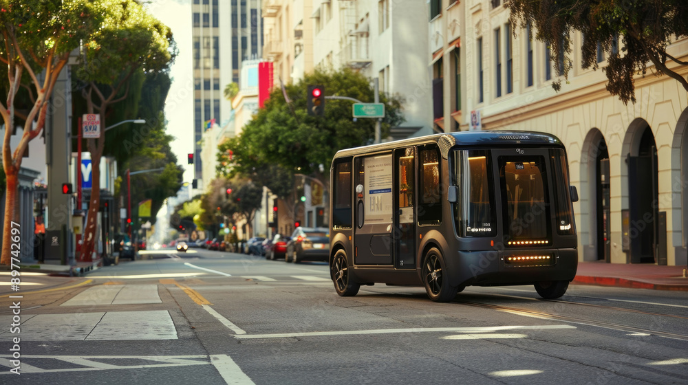 Fototapeta premium Autonomous Shuttle Driving on City Street