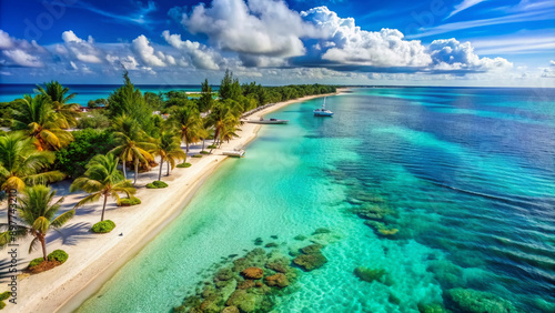 Fototapeta Naklejka Na Ścianę i Meble -  Turquoise waters lap gently against the powdery white sand beach of Grand Turk Island, lined with palm trees and coral reef formations.