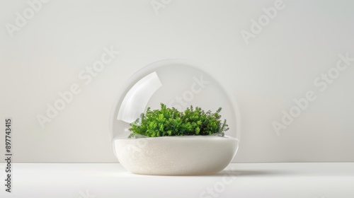 Transparent resin dome shielding a fragile ecosystem, preserving every detail, mystical and defensive, surrounded by soft light and natural elements