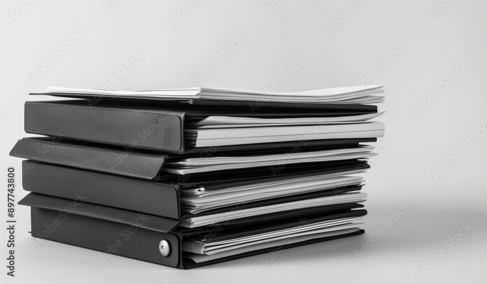 A stack of black folders with white papers on a light background. A stack of black folders with white papers on a light background.