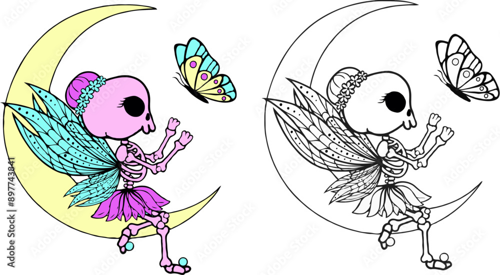 Fototapeta premium SVG illustration of a cute skeleton fairy sitting on the moon and catching a butterfly, halloween clipart, color version and coloring pages version ideal for sublimation