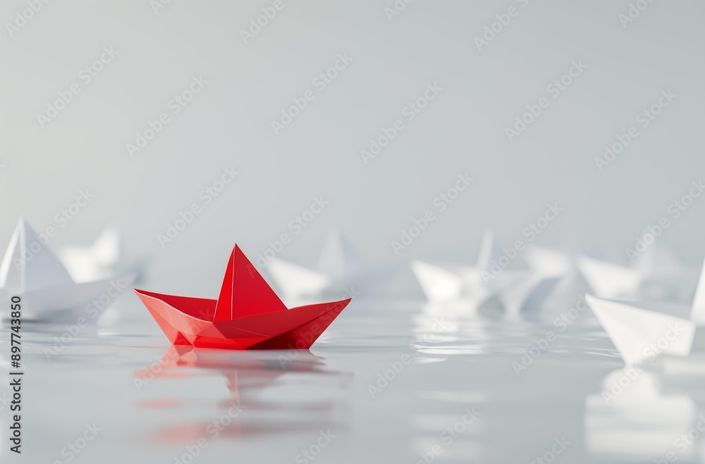 A single red paper boat stands out among a sea of white paper boats on a reflective surface. A single red paper boat stands out among a sea of white paper boats on a reflective surface.