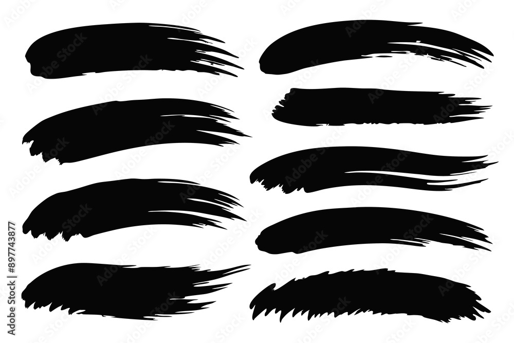 several distinct black brush strokes in various styles and intensities are arranged in two horizontal rows several distinct black brush strokes in various styles and intensities are arranged in two horizontal rows