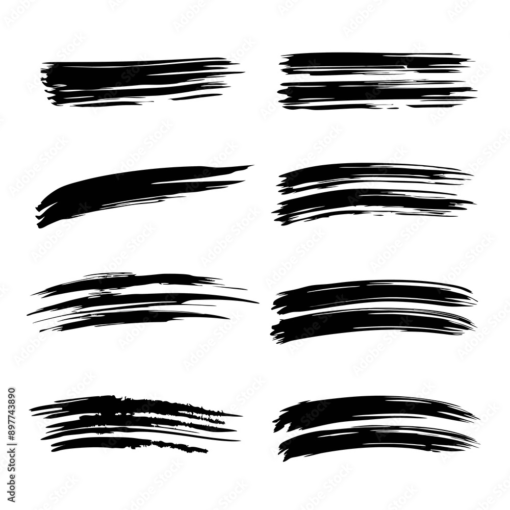several distinct black brush strokes in various styles and intensities are arranged in two horizontal rows several distinct black brush strokes in various styles and intensities are arranged in two horizontal rows