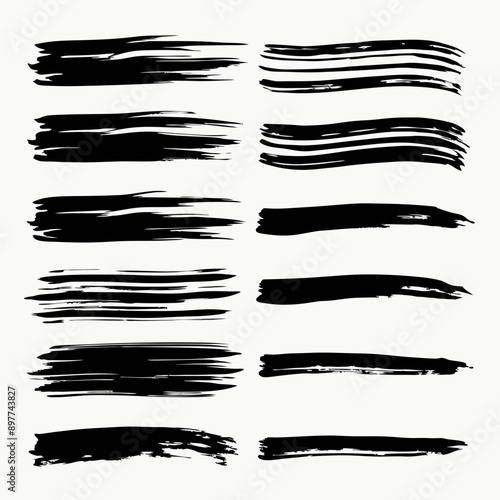 several  distinct black brush strokes in various styles and intensities are arranged in two horizontal rows