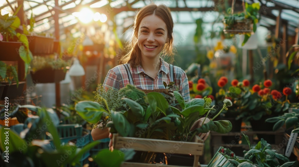 Obraz premium Beautiful young farmer girl smiling at the camera while holding a basket with plants and vegetables