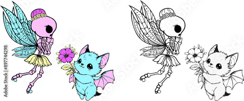 SVG illustration of cute bat holding flower to skeleton fairy, halloween clipart, color version and coloring pages version ideal for sublimation