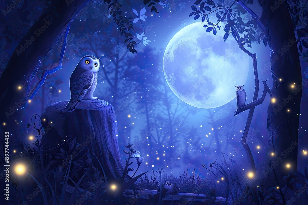 Owls and fireflies on a magical moonlit night crafting a dreamy and enchanting background Owls and fireflies on a magical moonlit night crafting a dreamy and enchanting background