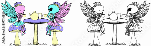 SVG illustration of chibi skeleton fairies having tea, halloween clipart, color version and coloring pages version ideal for sublimation