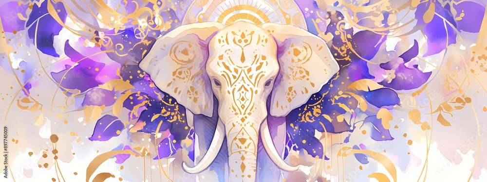 Watercolor Indian elephant with golden pattern on white background. Ganesh Chaturthi. Elephant festival in India. illustration in tribal or boho style for design banner, poster, greeting card, print