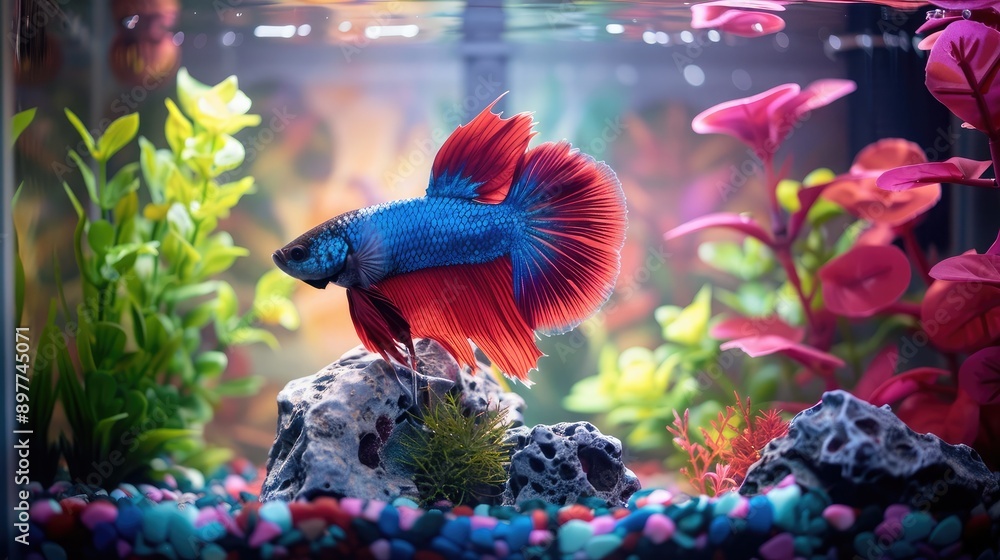 A small desktop aquarium with a single betta fish and colorful decorations.