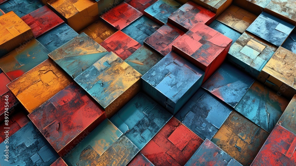 Abstract 3D cubes arranged in a grid pattern with varying colors and textures, adding depth and dimension. Abstract 3D cubes arranged in a grid pattern with varying colors and textures, adding depth and dimension.