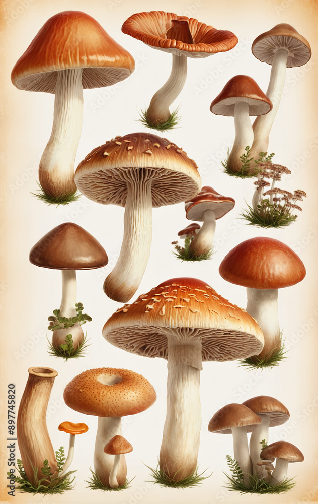 Illustrative and colorful depiction of mushrooms of different kind in color and shape in a drawn appearing retro style Illustrative and colorful depiction of mushrooms of different kind in color and shape in a drawn appearing retro style