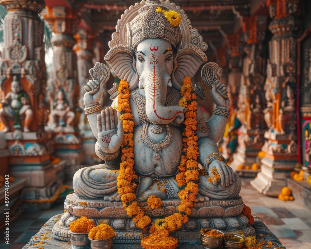 Obraz premium Majestic Ganesha Statue in Decorated Hindu Temple with Offerings