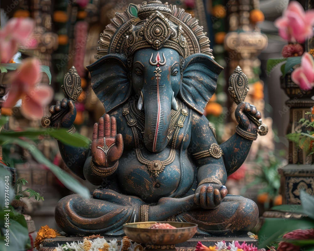 Fototapeta premium Serene Ganesha Statue in Decorated Hindu Temple with Offerings | Spiritual Deity Sculpture in Sacred Temple Setting