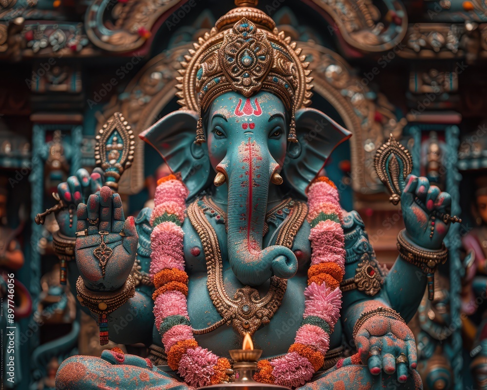Fototapeta premium Majestic Statue of Ganesha in a Decorated Hindu Temple with Offerings at His Feet