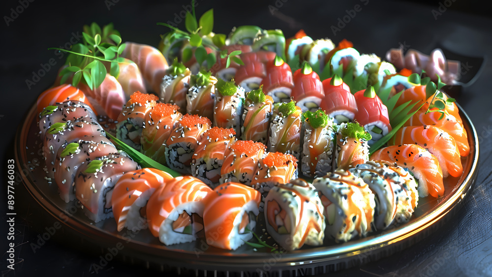 realistic high-resolution photo of Sushi, with detailed background realistic high-resolution photo of Sushi, with detailed background