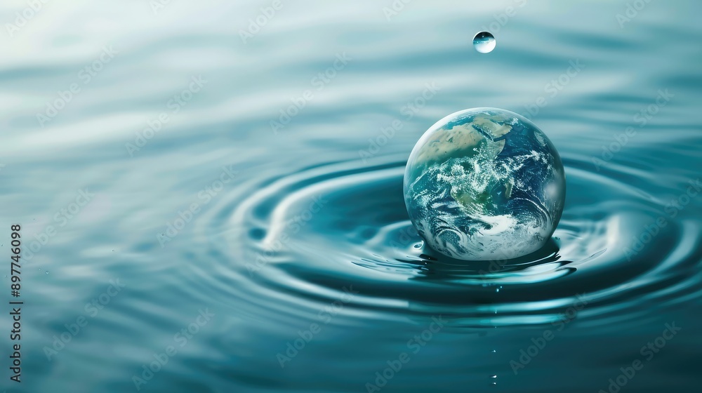 Abstract 3D image of Earth in a water droplet, symbolizing the importance of water conservation. Abstract 3D image of Earth in a water droplet, symbolizing the importance of water conservation.