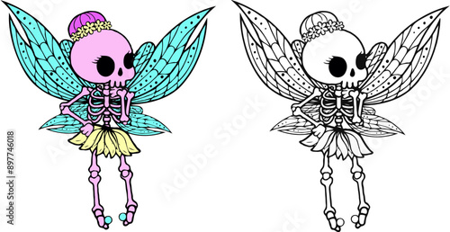 SVG illustration of pensive cute skeleton fairy, halloween clipart, color version and coloring pages version ideal for sublimation