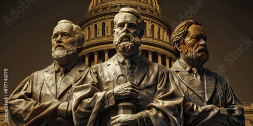 Vital Balance of Checks and Balances: Three judges, standing beside a statue of the Capitol Building, symbolizing the constitutional system of government