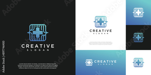 Simple coding with health plus icon logo design template.