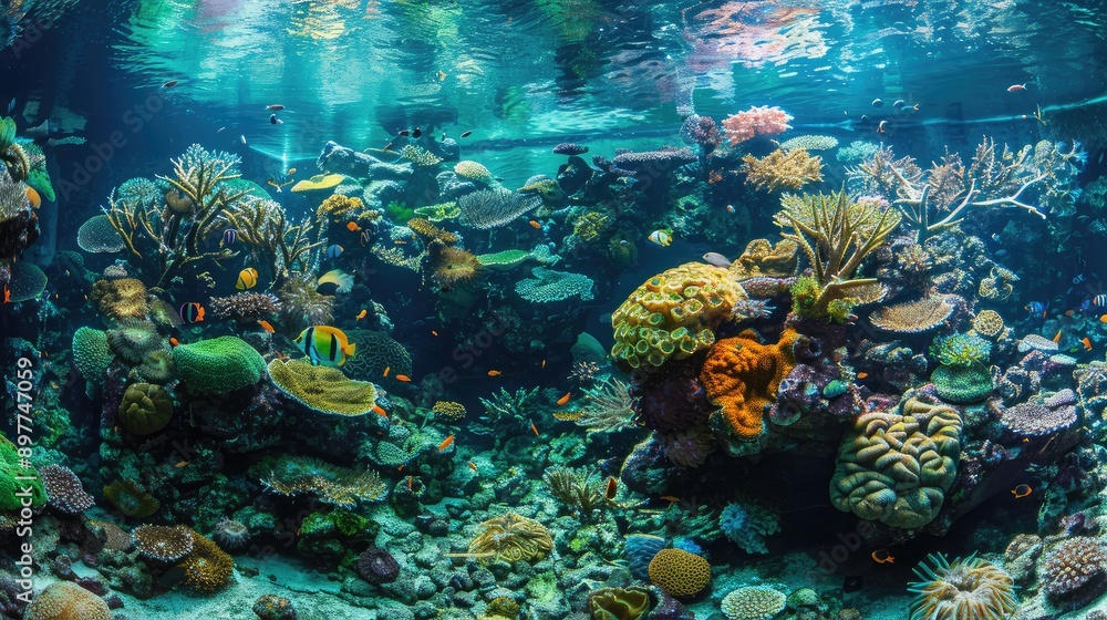 Naklejka premium A panoramic view of a reef tank with vibrant coral and exotic marine life.