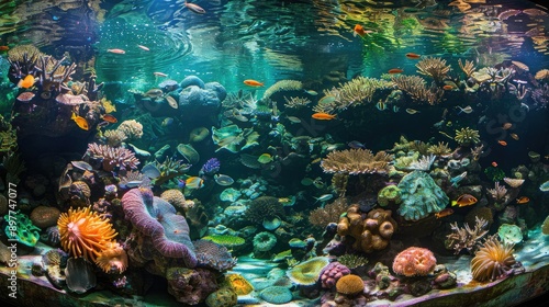 A panoramic view of a reef tank with vibrant coral and exotic marine life.