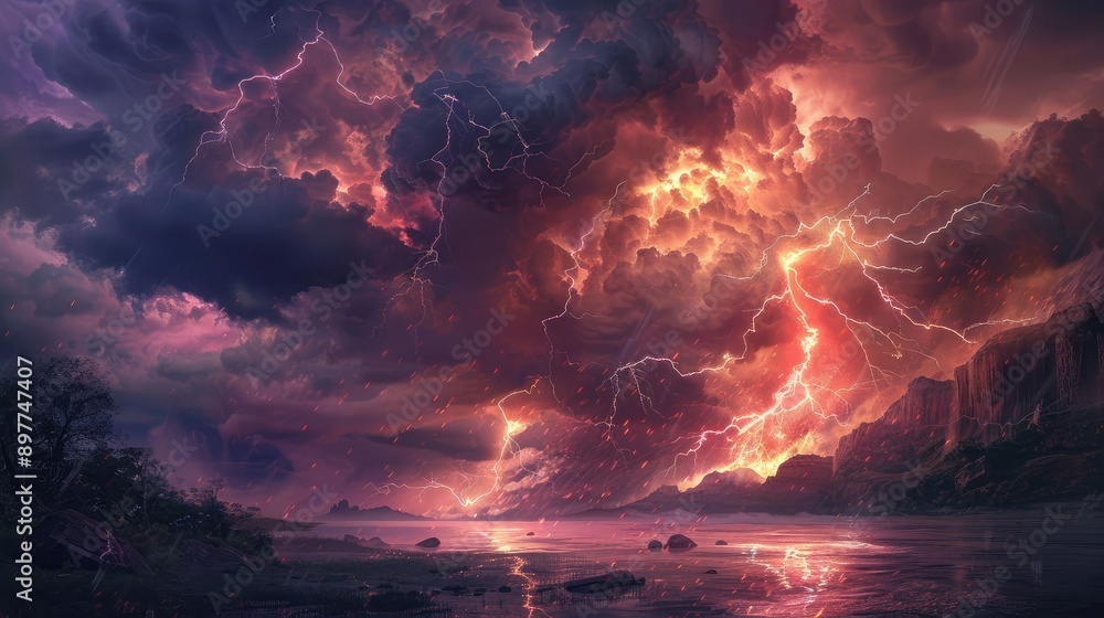 A powerful lightning bolt striking the ground, capturing the raw force of nature's energy. A powerful lightning bolt striking the ground, capturing the raw force of nature's energy.