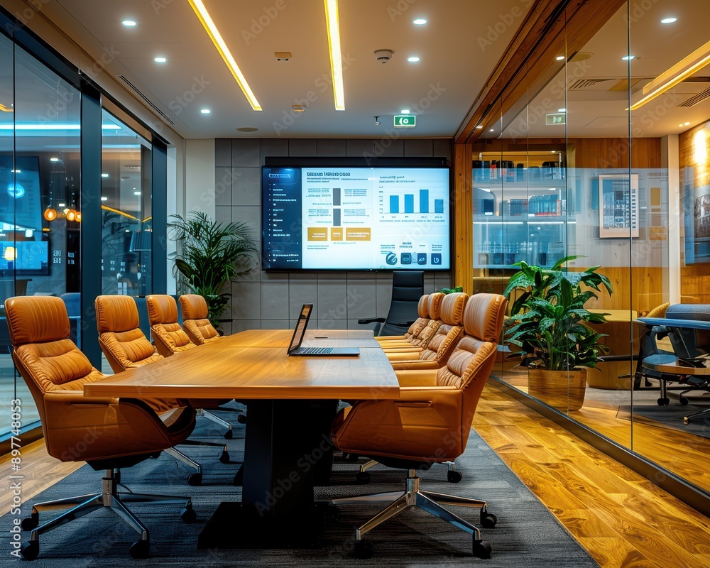 Professional Corporate Meeting Room with Large Screen Displaying Business Presentation and Connected Laptop Professional Corporate Meeting Room with Large Screen Displaying Business Presentation and Connected Laptop