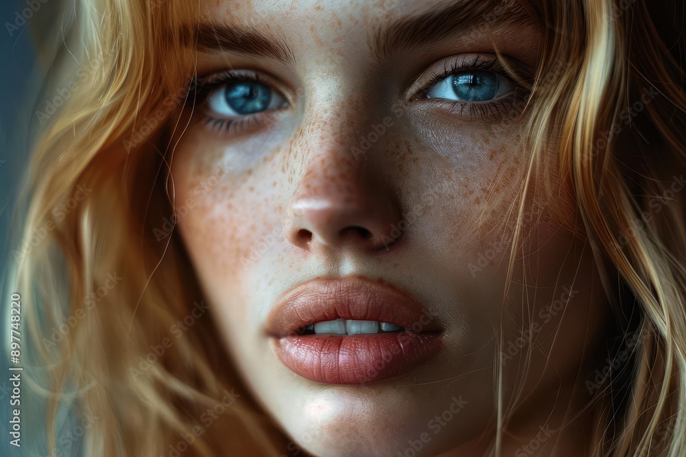 A close-up portrait of a young woman with striking blue eyes, freckles, and flowing hair, conveying natural beauty and emotion. A close-up portrait of a young woman with striking blue eyes, freckles, and flowing hair, conveying natural beauty and emotion.