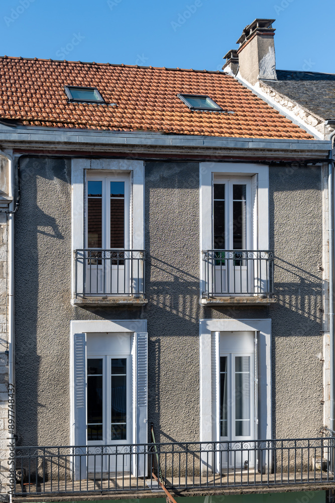 Naklejka premium Souillac small market town in Lot department in France, on river Dordogne in agricultural region known for its walnuts, strawberries, houses and streets