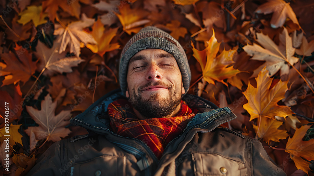 top view of a happy man lying in the ground full of autum leaves top view of a happy man lying in the ground full of autum leaves