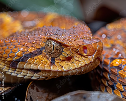 Malayan Pit Viper Camouflaged in Forest Debris - Venomous Snake Ready to Strike with Reddish-Brown Scales and Triangular Head photo